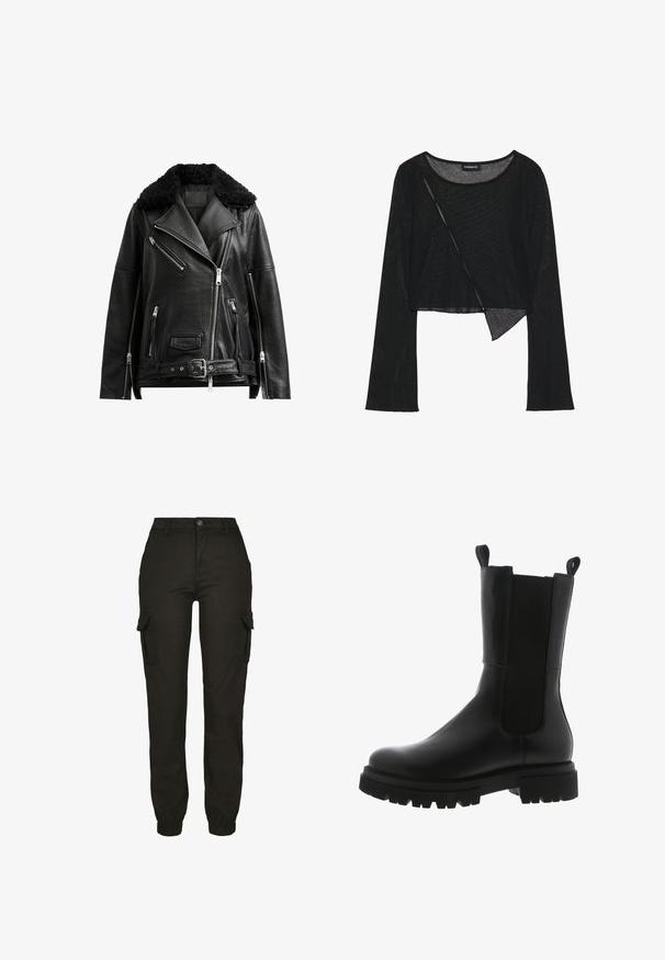 Sort læder bikerjakke med en shearlingkrave, flere asymmetrisk lynlåse og en beltestrop i taljen. Har en struktureret overflade med lommer.; Sort langærmet cropped top i et let, gennemsigtigt stof. Har en rund halsudskæring og en asymmetrisk kant med en let tekstur.; Sorte cargo bukser med en tætsiddende talje og elastiske manchetter. Har sidelommer med lap og et glat, slidstærkt stof.; Sorte læder ankelstøvler med et slankt design, elastiske sidepaneler, grebsløkker og en kraftig gummisål med et takkede mønster.
