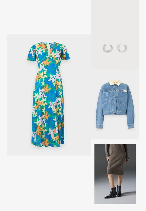 Veste en denim bleu clair avec col crème, cinq boutons devant, deux poches sur la poitrine et deux poches devant en bas, étiquette de la marque Columbia sur la poitrine.; Robe longue avec manches bouffantes courtes, fente en V, et un motif floral vibrant en bleu, orange, jaune et rose clair sur fond vert.; Bottines en cuir noir avec un bout pointu, un talon épais et des détails de couture en zigzag, assorties à une robe en tricot marron côtelée.; Boucles d'oreilles anneaux argentés ornées de strass clairs, présentant une surface texturée et une forme circulaire lisse avec un fermoir sécurisé.
