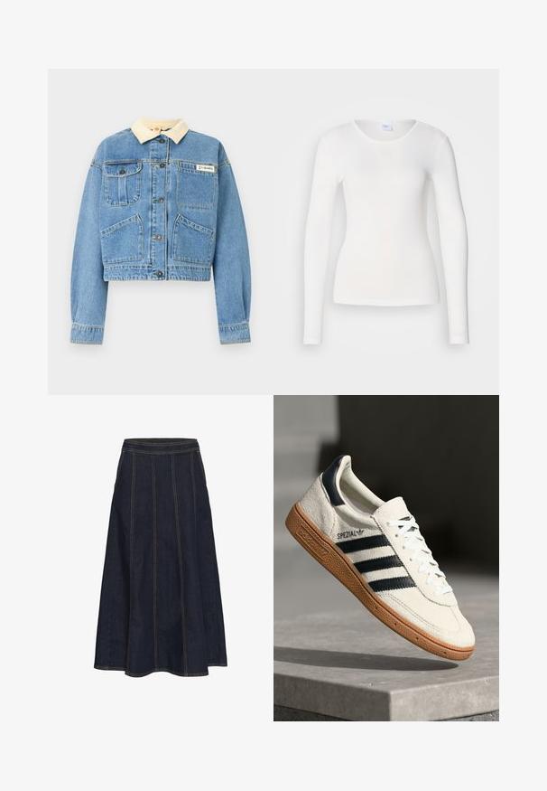 Chaqueta de mezclilla azul claro con cuello crema, cinco botones delanteros, dos bolsillos superiores en el pecho y dos bolsillos frontales inferiores, etiqueta de la marca Columbia en el pecho.; Camisa blanca de manga larga hecha de una tela suave y lisa; presenta un cuello redondo y una forma ajustada, sin patrones ni adornos.; Falda A de mezclilla oscura con una cinturilla ancha, costuras visibles y un dobladillo acampanado. No tiene bolsillos ni adornos.; Zapatilla de ante blanca con franjas en azul marino, suela de goma, parte superior texturizada, puntera redonda y cordones; presenta una marca en el lateral y en la lengüeta.