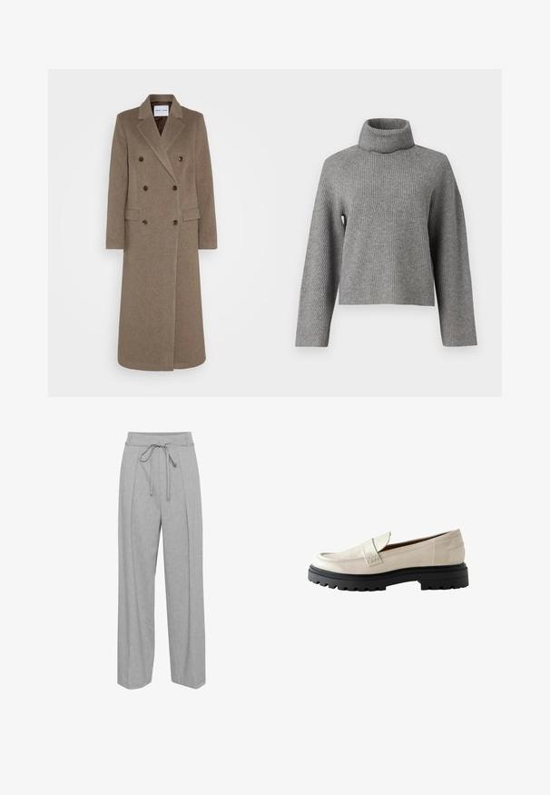 Dubbelzijdige bruine wollen jas met geknipte revers, twee zijzakken en contrasterende bruine knopen. De lengte reikt tot halverwege de kuit.; Object Roll neck - Trui - medium grey; Grijze linnen broek met wijde pijpen en een hoge taille, voorzien van een trekkoord, plooien aan de voorkant en een zachte, textuurachtige afwerking.; Beige gepatineerde leren loafers met een ronde neus, dikke zwarte rubberen zool en een gestikte accent over de voorkant.