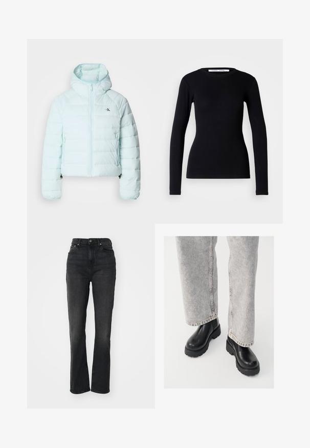 Calvin Klein Jeans LIGHTWEIGHT QUILTED JACKET PACKA - Jas - light blue; Zwarte lange mouwen top van ribstof. Heeft een ronde halslijn en een getailleerde pasvorm. Geen patronen of versieringen. Eenvoudig ontwerp.; Hoge zwarte denim jeans met rechte pijpen, vijf-pocket ontwerp, sluiting met een knoop aan de voorkant en minimale stikseldetails.; Vagabond COSMO - Enkellaarsjes met plateauzool - black