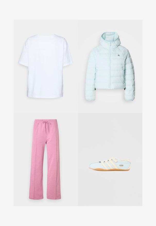 Calvin Klein Jeans LIGHTWEIGHT QUILTED JACKET PACKA - Overgangsjakke - light blue; Enkelt hvid kortærmet bomulds t-shirt vist bagfra mod en lys grå baggrund.; Lyserøde vidde bukser med frontsømme, elastisk taljebånd og snørelukning, vist på en ensfarvet hvid baggrund.; Lyseblå Adidas Tokyo-sneaker med beige tre striber, beige stropper og gummisål på en ensfarvet hvid baggrund.
