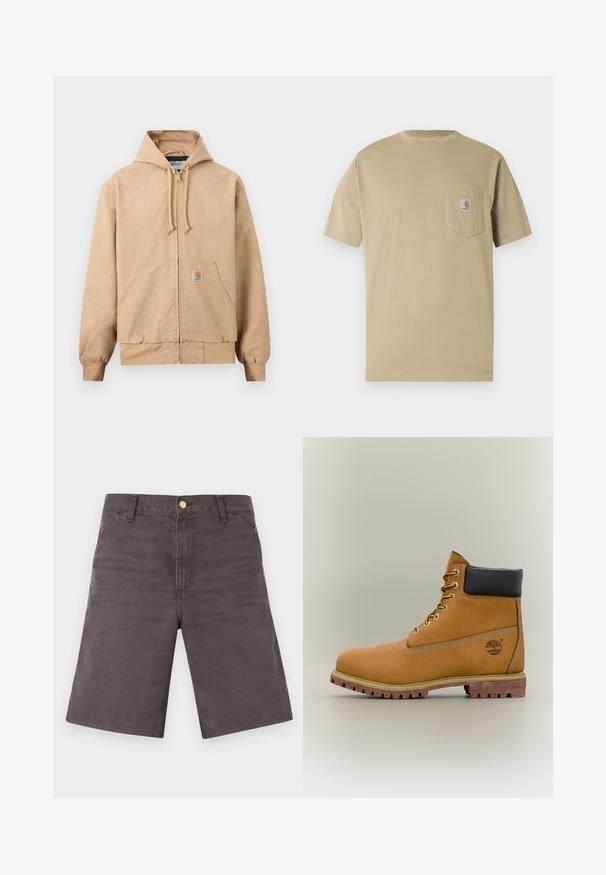Veste beige à capuche avec fermeture éclair, cordon de serrage à la capuche, poche kangourou à l'avant, poignets et ourlet côtelés, et petit écusson carré sur la poche.; T-shirt beige à manches courtes en coton, doté d'une poche poitrine gauche avec un écusson logo. Col rond classique avec une coupe régulière.; Shorts gris foncé longueur genou avec poches avant, passants pour ceinture et fermeture à bouton métallique sur un fond clair.; Bottine en cuir marron avec col noir, lacets jaunes et semelle beige. Présente un logo et des détails de couture blanche. Semelle extérieure à traction robuste.