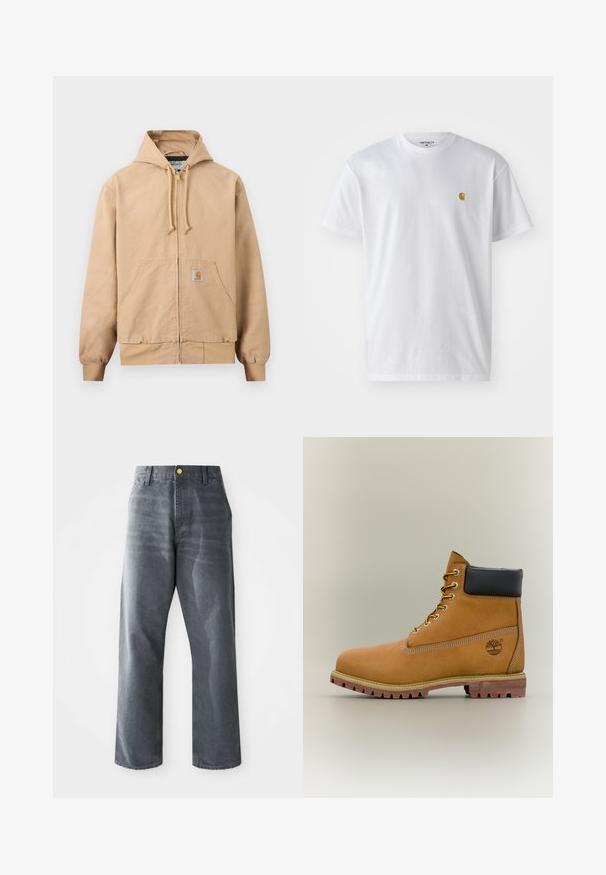 Veste beige à capuche avec fermeture éclair, cordon de serrage à la capuche, poche kangourou à l'avant, poignets et ourlet côtelés, et petit écusson carré sur la poche.; T-shirt en coton blanc à manches courtes, col rond, avec un petit logo doré sur la poitrine gauche. Texture douce et coupe régulière.; Jean en denim gris à jambes larges pour homme, coupe ample, avec poches avant et un bouton doré visible sur la ceinture.; Bottine en cuir marron avec col noir, lacets jaunes et semelle beige. Présente un logo et des détails de couture blanche. Semelle extérieure à traction robuste.
