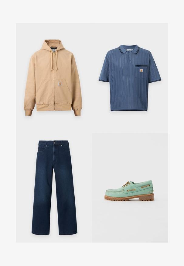 Beige hættejakke med lynlås, snøre i hætten, kangurulomme foran, ribbede manchetter og kant samt en lille firkantet logo-patch på lommen.; Blå strikket poloshirt med lodrette perforerede striber, tre-knaps lukning, brystlomme med Carhartt-logo og sort kant på krave og ærmer.; Mørkeblå, vidde jeans med knap- og lynlåslukning foran, for- og baglommer, vist mod en hvid baggrund.; Lysegrøn læder bådsko med brune snørebånd og øjer, med en tyk tekstureret gummisål og syningsdetaljer langs kanterne.