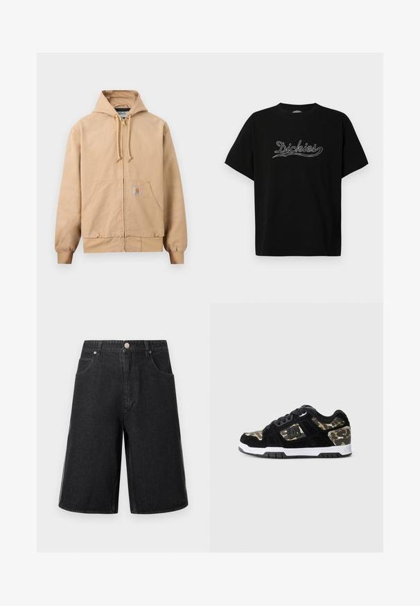 Chaqueta beige con capucha y cremallera, capucha con cordón, bolsillo tipo canguro en la parte delantera, puños y dobladillo acanalados, y un pequeño parche de logo cuadrado en el bolsillo.; Camiseta negra de manga corta con el logo "Dickies" impreso en cursiva en el pecho sobre un fondo blanco liso.; Pantalones cortos de mezclilla negra con un ajuste holgado, que cuentan con dos bolsillos frontales y cierre de botón. Estilo casual con una textura suave.; Zapatilla de ante negra con patrón de camuflaje en el lateral, media suela blanca y suela exterior de goma negra. Presenta cordones y detalle del logo en el lateral.
