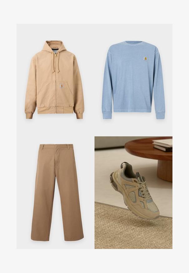 Beige zip-up hoodie met capuchon en trekkoorden, voorzak in kangoeroestijl, geribbelde manchetten en zoom, en een klein vierkant logo op de zak.; Lichtblauw overhemd met lange mouwen van zachte stof, met een ronde halslijn, geribbelde manchetten en een klein logoplaatje op de linkerborst.; Beige wijde broek met ceintuurlussen, knoop aan de voorkant en ritssluiting, afgebeeld tegen een eenvoudige lichte achtergrond.; Beige en grijze sport sneaker met mesh en suède details, zwevend boven een geweven tapijt naast een houten salontafel met boeken.