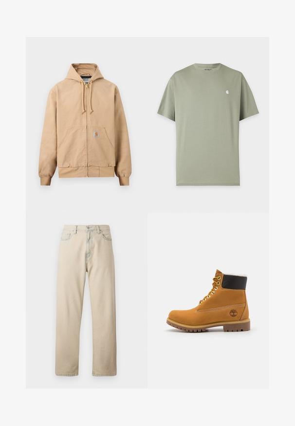 Beige zip-up hoodie met capuchon en trekkoorden, voorzak in kangoeroestijl, geribbelde manchetten en zoom, en een klein vierkant logo op de zak.; Effen lichtgroen T-shirt met korte mouwen, klein wit Carhartt-logo op de linkerborst en ronde halslijn.; Lichtbeige denim jeans met rechte pijpen, vijf zakken en een knoopsluiting. Heeft subtiele vervagingen in de stof en een klassiek ontwerp.; Bruine leren enkellaars met metalen oogjes, witte faux bont voering, zwarte gewatteerde kraag, robuuste zool en een reliëflogo aan de zijkant.