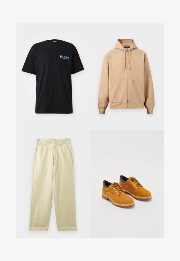 Beige Kapuzenjacke mit Reißverschluss, verstellbarer Kapuze mit Zugband, vorderer Kängurutasche, gerippten Bündchen und Saum sowie einem kleinen quadratischen Logoaufnäher auf der Tasche.; Schwarzes Baumwoll-T-Shirt mit kurzen Ärmeln, das ein blaues "DICKIES WORKWEAR COMPANY"-Logo auf der linken Brust trägt. Klassischer Rundhalsausschnitt.; Beige Baumwollhosen mit lockerem Schnitt, ausgestattet mit Seitentaschen, Gürtelschlaufen und geraden Beinen. Glatte Textur mit minimalen Nahtdetails.; Braune Wildlederschuhe mit einer runden Zehenpartie, gelben Schnürsenkeln, einem gepolsterten schwarzen Kragen und Gummisohlen mit Rillen für besseren Halt.