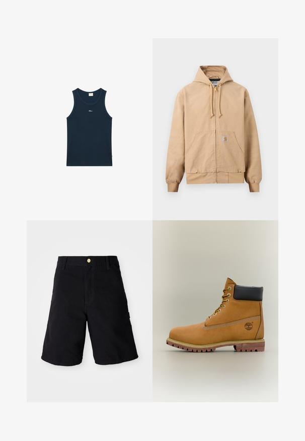 Veste beige à capuche avec fermeture éclair, cordon de serrage à la capuche, poche kangourou à l'avant, poignets et ourlet côtelés, et petit écusson carré sur la poche.; Débardeur bleu marine sans manches avec encolure ronde et petit nom de marque brodé en blanc "Blaire" au centre de la poitrine.; Shorts en denim noir avec une fermeture à bouton, présentant une coupe droite, des poches latérales et des coutures renforcées pour plus de durabilité.; Bottine en cuir marron avec col noir, lacets jaunes et semelle beige. Présente un logo et des détails de couture blanche. Semelle extérieure à traction robuste.