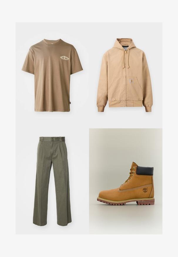 Beige Kapuzenjacke mit Reißverschluss, verstellbarer Kapuze mit Zugband, vorderer Kängurutasche, gerippten Bündchen und Saum sowie einem kleinen quadratischen Logoaufnäher auf der Tasche.; Braunes Baumwoll-T-Shirt mit Rundhalsausschnitt, kurzem Arm und einem weißen Logo mit der Aufschrift "Dickies Workwear" auf der linken Brustseite.; Olivgrüne Hose mit einem lockeren, weit geschnittenen Design und vorderen Falten. Hergestellt aus strukturiertem Stoff mit einem normalen Bund und ohne sichtbare Beschläge.; Brauner Leder-Stiefelette mit schwarzem Kragen, gelben Schnürsenkeln und hellbrauner Sohle. Verfügt über ein Logo und weiße Ziernähe. Robuste Profilsohle.