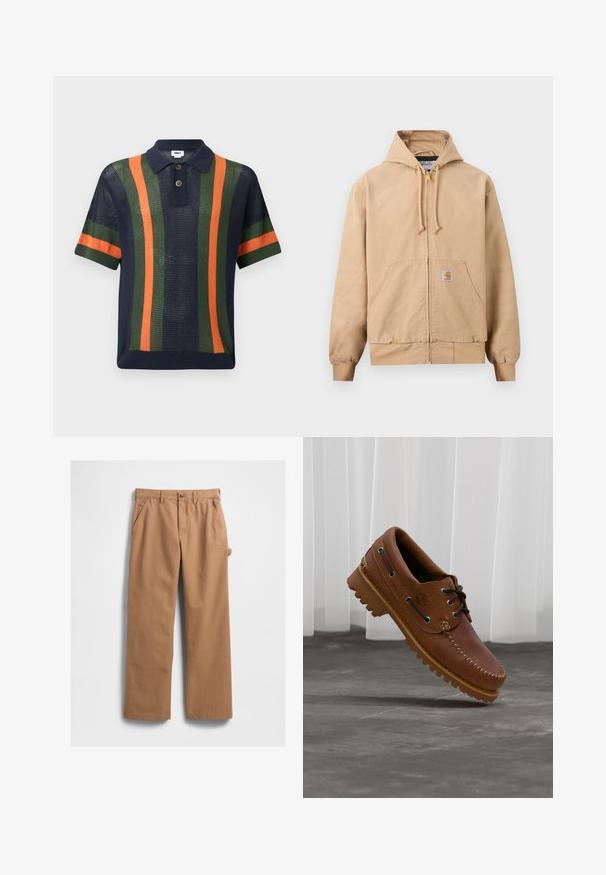 Veste beige à capuche avec fermeture éclair, cordon de serrage à la capuche, poche kangourou à l'avant, poignets et ourlet côtelés, et petit écusson carré sur la poche.; Polo en maille bleu marine à manches courtes avec des rayures verticales vertes et orange et deux boutons marron sur la patte de boutonnage.; Pantalon en coton beige à coupe droite, avec poches latérales et une poche à outils sur le côté. La texture du tissu est lisse et solide.; Chaussure de bateau en cuir marron avec des lacets noirs, des coutures beiges et une semelle robuste, suspendue au-dessus d'un sol en béton gris.