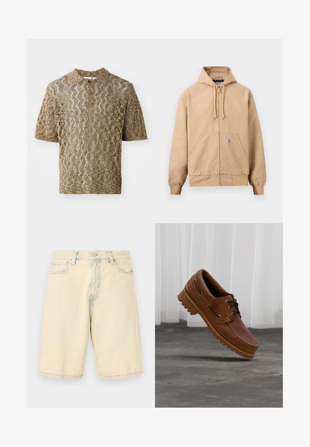 Beige zip-up hoodie met capuchon en trekkoorden, voorzak in kangoeroestijl, geribbelde manchetten en zoom, en een klein vierkant logo op de zak.; Korte mouwen polo in een tan, gestructureerde brei met golfpatronen. Heeft een kraag en een bruine knoop bij de hals.; Beige denim shorts met een knoop- en ritssluiting aan de voorkant, riemlussen en twee zakken aan de voorkant, plat liggend op een witte achtergrond.; Bruine leren bootschoen met zwarte veters, beige stiksel en een robuuste zool, zwevend boven een grijze betonnen vloer.