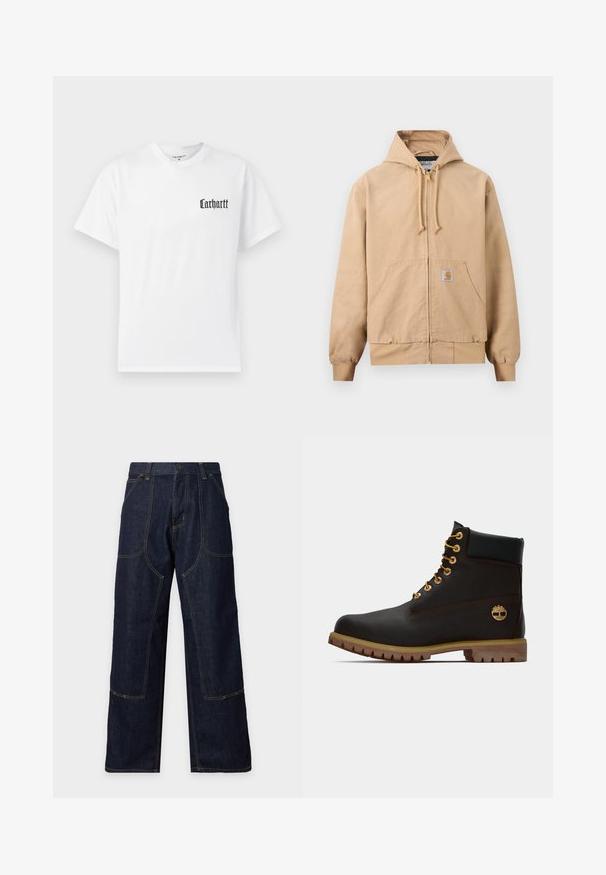 Veste beige à capuche avec fermeture éclair, cordon de serrage à la capuche, poche kangourou à l'avant, poignets et ourlet côtelés, et petit écusson carré sur la poche.; T-shirt en coton blanc à manches courtes, arborant un logo "Carhartt" noir sur la zone gauche de la poitrine dans une police stylisée.; Pantalon en jean bleu foncé à jambes larges, coutures contrastées, poches plaquées devant et fermeture par bouton à la taille.; Bottine noire en cuir avec œillets dorés, accents marron et semelle en caoutchouc. Comprend un col rembourré et un logo estampé sur le côté.