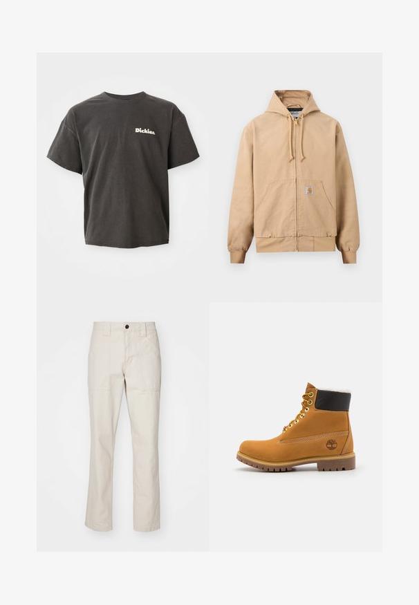 Chaqueta beige con capucha y cremallera, capucha con cordón, bolsillo tipo canguro en la parte delantera, puños y dobladillo acanalados, y un pequeño parche de logo cuadrado en el bolsillo.; Camiseta de manga corta gris oscuro con el logo "Dickies." en blanco en el lado izquierdo del pecho, cuello redondo y corte relajado.; Pantalones de algodón beige con un diseño de pierna recta, que cuentan con dos bolsillos frontales, un cierre de botón único y costuras visibles como acentos.; Botín de cuero marrón con ojales de metal, forro de piel sintética blanca, cuello acolchado negro, suela resistente y logotipo en relieve en el costado.