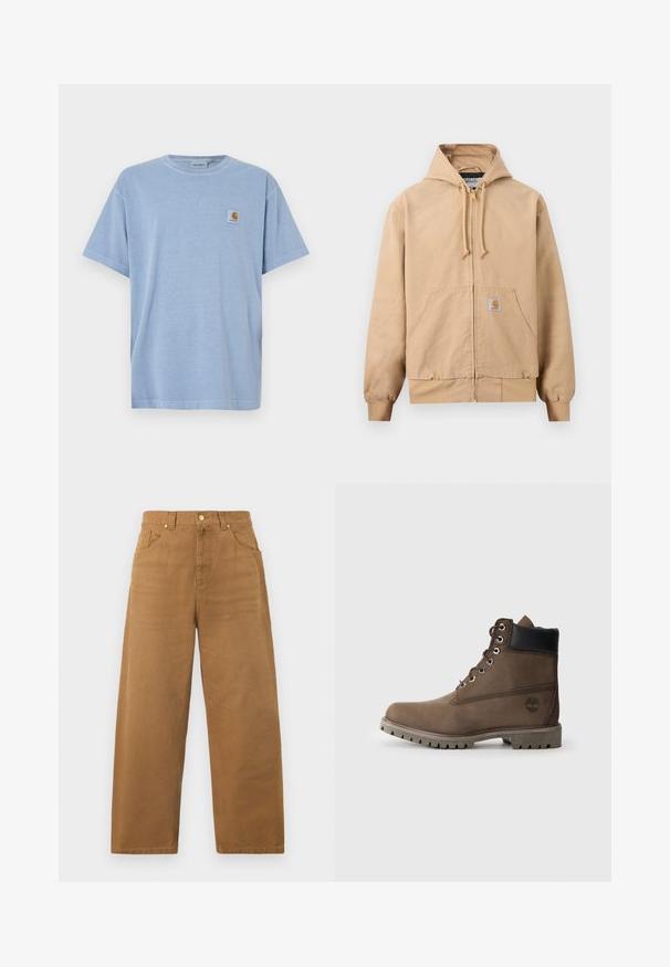 Beige hættejakke med lynlås, snøre i hætten, kangurulomme foran, ribbede manchetter og kant samt en lille firkantet logo-patch på lommen.; Lyseblå bomulds t-shirt med korte ærmer, rund hals og et lille firkantet logomærke med et stiliseret bogstav "C" på brystet.; Brune bukser med lige ben, høj talje, bæltestropper, knaplukning samt lommer foran og bagpå, vist på ensfarvet hvid baggrund.; Brune læder ankelstøvle med sort krave, metaløjer og slidstærk grå sål. Har logo på siden og syet detaljer.