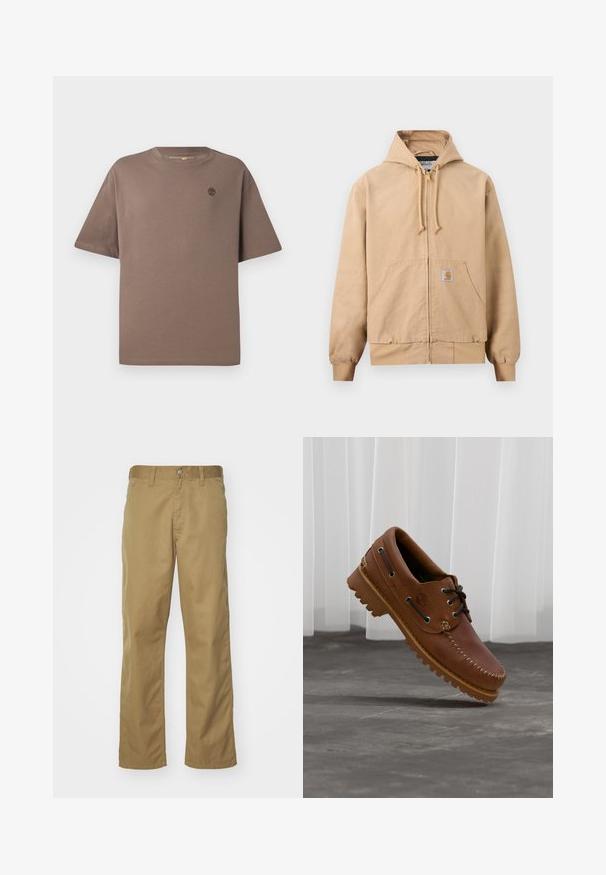 Beige Kapuzenjacke mit Reißverschluss, verstellbarer Kapuze mit Zugband, vorderer Kängurutasche, gerippten Bündchen und Saum sowie einem kleinen quadratischen Logoaufnäher auf der Tasche.; Braunfarbener Baumwoll-T-Shirt mit Rundhalsausschnitt und kurzen Ärmeln, ausgestattet mit einem kleinen Logo auf der Brust, glatter Textur und lässiger Passform.; Khaki Chinos mit geradem Bein, aus glattem Baumwollstoff gefertigt. Mit einer Knopfverschluss vorn und seitlichen Taschen.; Brauner Leder-Bootsschuh mit schwarzen Schnürsenkeln, beigen Nähten und einer robusten Sohle, schwebt über einem grauen Betonboden.