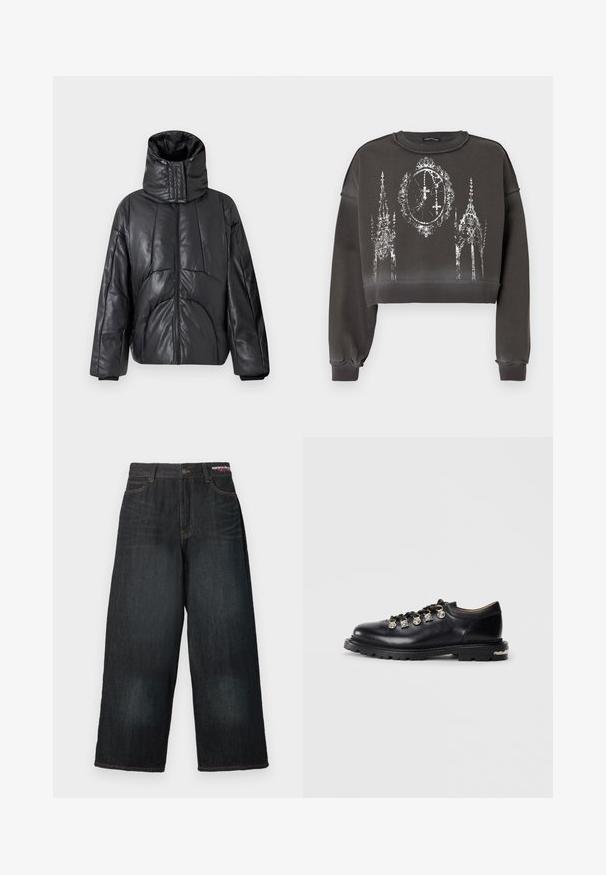 Zwarte gewatteerde jas met hoge kraag, rits sluiting en een gestructureerd synthetisch materiaal. Beschikt over een gestikt ontwerp met ruime mouwen.; Grijze cropped sweatshirt met een getextureerde afwerking, voorzien van een wit grafisch ontwerp van sierlijke gebouwen en een klok in het midden.; Donkerblauwe jeans met wijde pijpen, een knoopsluiting, vijf zakken en gele stiksels. De stof ziet er licht vervaagd uit.; Zwarte leren lage schoen met dikke zool, metalen oogjes, decoratieve zilveren charmes aan de veters en een gestructureerde loopzool.
