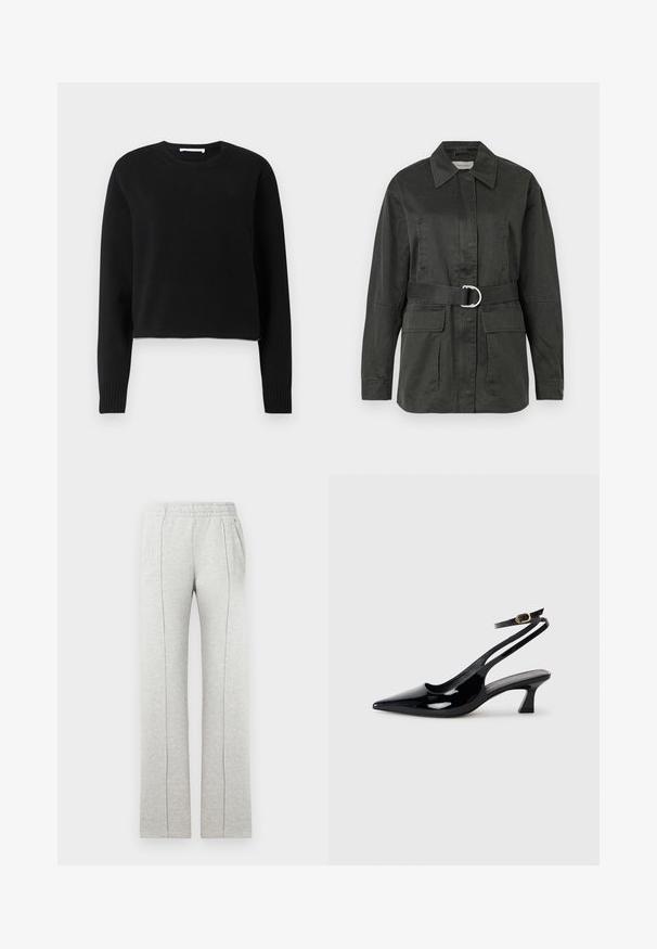 Veste utilitaire vert foncé en mélange de coton, avec un col pointu, des poches avant, une ceinture avec une boucle circulaire en argent, et une coupe décontractée.; Pull court noir avec des manches longues, encolure et poignets côtelés, fabriqué dans un matériau tricoté doux. Design simple et sans couture.; Pantalon de survêtement gris en mélange de coton doux, avec une taille élastique, des poches latérales et des détails de coutures verticales sur l'avant des jambes.; Escarpins à brides arrière en cuir verni noir, à bout pointu, avec un petit talon carré et une sangle de cheville ajustable dotée d'une boucle dorée.