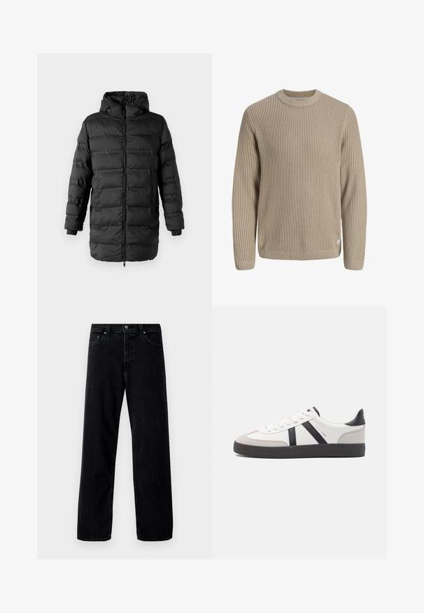 Chaqueta acolchada negra con cierre de cremallera en el frente, capucha y mangas largas. Presenta secciones acolchadas horizontales y puños elásticos, con una textura suave.; Jersey beige de punto acanalado con mangas largas y cuello redondo, mostrado sobre un fondo claro.; Hollister Co. Vaqueros baggy - washed black; Zapatilla blanca con acentos en negro y gris, que presenta una puntera texturizada en gris, suela de goma negra y cordones planos blancos. Diseño limpio, estilo minimalista.