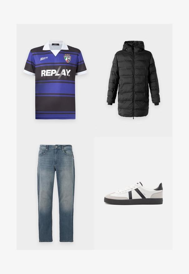 Chaqueta acolchada negra con cierre de cremallera en el frente, capucha y mangas largas. Presenta secciones acolchadas horizontales y puños elásticos, con una textura suave.; Camisa de fútbol negra y azul con rayas horizontales, cuello blanco y logo "REPLAY". Presenta un emblema de escudo con estrellas encima.; Vaqueros de mezclilla azul claro con corte recto, diseño de cinco bolsillos, cierre de botón metálico y un ligero desvanecimiento en la parte delantera.; Zapatilla blanca con acentos en negro y gris, que presenta una puntera texturizada en gris, suela de goma negra y cordones planos blancos. Diseño limpio, estilo minimalista.