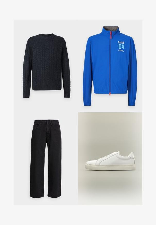 Blaue leichte Jacke mit hohem Kragen, durchgehendem Reißverschluss und elastischen Bündchen. Mit weißen Grafiken: "Red Bull Racing", Nummer '04' und Text. Roter Reißverschlussanhänger.; Dunkelblauer Strickpullover mit strukturiertem Zopfstrickmuster, rundem Ausschnitt sowie geripptem Saum und Bündchen. Weicher Stoff, lange Ärmel.; Schwarze Denim-Hosen mit weitem Bein und hoher Taille, ausgestattet mit fünf Taschen und einem Knopfverschluss. Der Stoff hat eine glatte Textur und leichten Stretch.; Weißer Sneaker mit niedrigem Schaft, vorn mit Schnürung und dicker Sohle, aus der Seitenansicht vor neutralem Hintergrund.