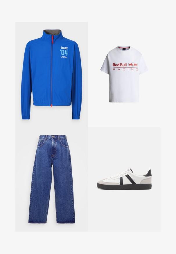Veste légère bleue avec un col montant, une fermeture éclair intégrale et des poignets élastiques. Comprend des graphismes blancs : « Red Bull Racing », le numéro « 04 » et du texte. Tirette de fermeture éclair rouge.; T-shirt blanc à manches courtes avec texte rouge "Red Bull Racing" et deux taureaux rouges se faisant face dans un logo circulaire à l'avant.; Jean en denim bleu à larges jambes et taille haute, avec cinq poches, une fermeture à bouton et un léger délavage pour une texture.; Baskets blanches avec des accents noirs et gris, présentant un embout texturé gris, une semelle en caoutchouc noir et des lacets plats blancs. Design épuré, style minimaliste.