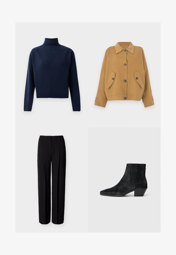 Bruin wolblend jasje met een gestructureerde kraag, knoopsluiting, twee schuine kleppenzakken en zijsplitten aan de mouwen.; Navy blauwe, lange mouwen coltrui met geribbelde manchetten, zoom en hals, weergegeven op een effen witte achtergrond.; Zwarte op maat gemaakte broek met subtiele krijtstrepen en een rechte pijp, voorzien van een tailleband met lussen voor een riem en voorplooivormige details.; Zwarte enkelboot met een spitse neus, textuur die lijkt op haar, ribbelpaneel aan de zijkant en een lage blokhak. Eenvoudig en modern ontwerp.