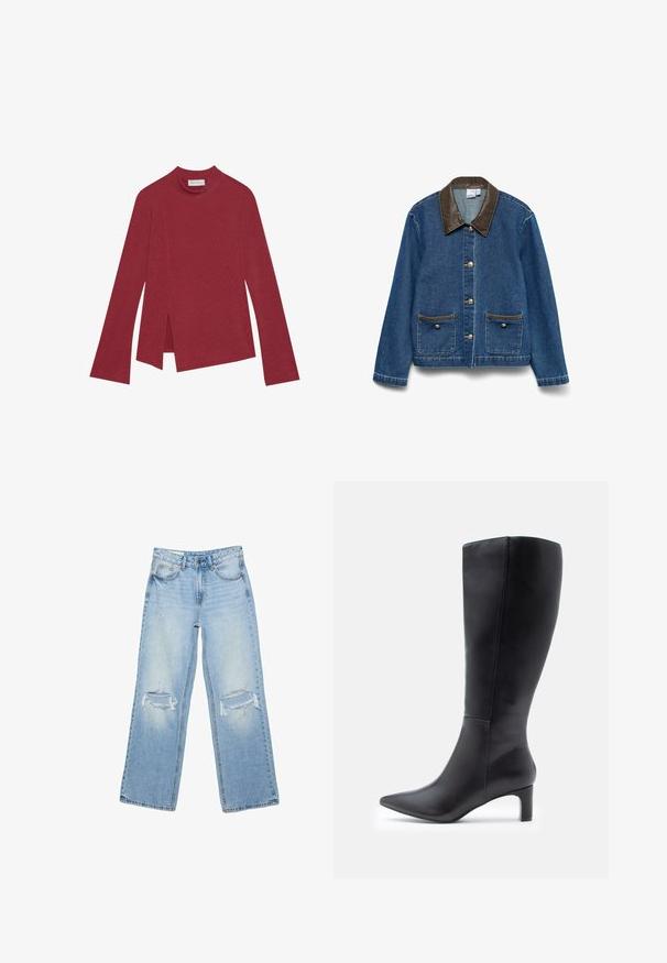 Veste en denim bleu foncé avec un col en cuir marron. Elle possède une fermeture à boutons dorés et deux poches avant avec un contour marron.; Haut rouge à manches longues en maille côtelée avec un col haut. Présente un ourlet asymétrique avec des fentes latérales et une texture lisse. Étiquette visible à l'intérieur.; Jean bleu clair à jambes larges avec déchirures usées aux deux genoux, fermeture avant avec bouton et fermeture éclair, et poches avant.; Bottes noires en cuir, arrivant jusqu'aux genoux, avec des bouts pointus, présentant un design épuré et un petit talon carré. Texture lisse avec des accents minimalistes.