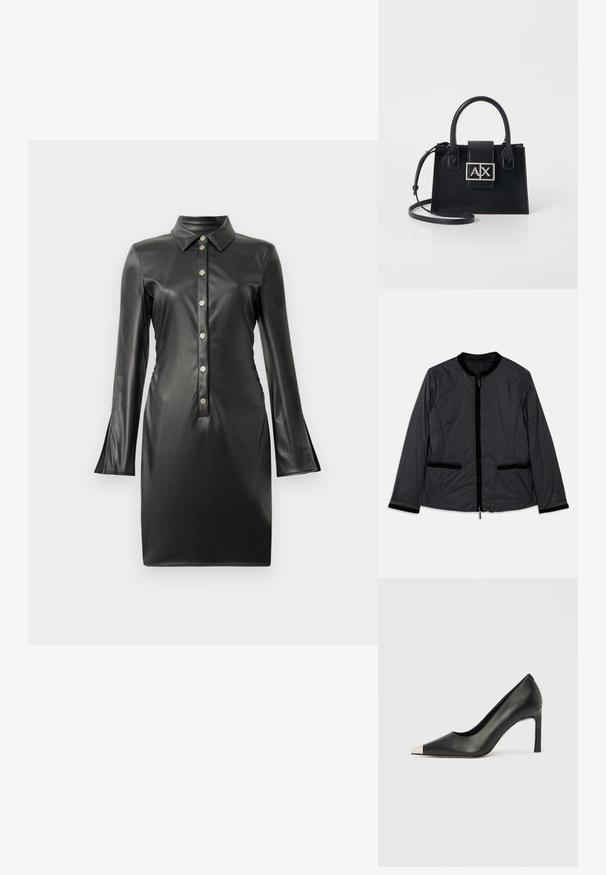 Schwarz, leichte Jacke mit runder Kragen, Reißverschluss vorne und zwei seitlichen Taschen. Verfügt über Samt-Akzente entlang des Kragens und der Taschen.; Schwarzes Kunstlederkleid mit langen, ausladenden Ärmeln, Kragen und einer Knopfleiste mit runden silbernen Knöpfen. Glatte Textur.; Schwarzer Lederschuh mit hohem Absatz, spitz zulaufender Zehenpartie und metallischer silberner Spitze. Verfügt über eine glatte Oberfläche und einen schlanken 10 cm hohen Absatz.; Schwarze Lederhandtasche mit strukturiertem Design, oberen Griffen und einem abnehmbaren Schulterriemen. Sie verfügt über eine silberfarbene Logo-Plakette und eine glatte Textur.