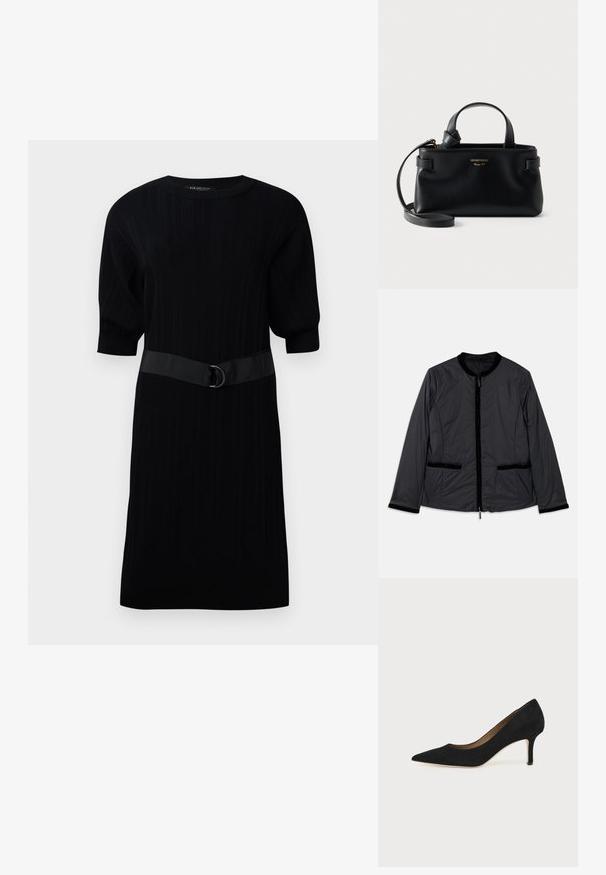 Chaqueta negra, ligera, con cuello redondo, cierre frontal con cremallera y dos bolsillos laterales. Presenta detalles de terciopelo en el cuello y los bolsillos.; Vestido de punto negro con manga corta abullonada y un cinturón negro contrastante con un detalle de anillo metálico en la cintura.; Salón de ante negro con punta puntiaguda, tacón de aguja delgado de altura media y diseño de corte bajo sobre un fondo liso.; Bolso negro de cuero Emporio Armani con dos asas, correa de hombro desmontable y el logo dorado en el frente.