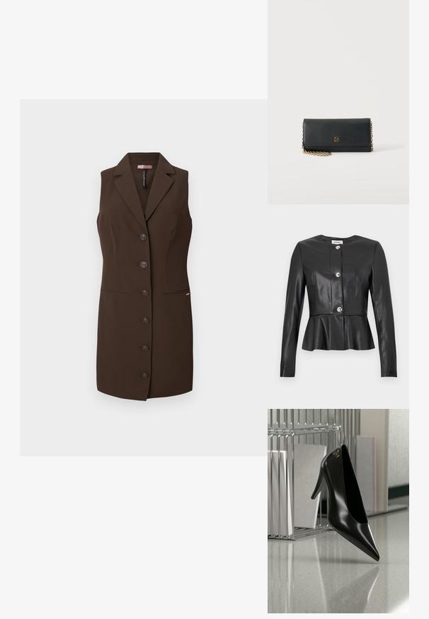 Sort læderjakke med lange ærmer, rund halsudskæring, peplum-talje og skinnende sølvknapper. Glat tekstur med minimalistisk design.; Brun ærmeløs vest med en tætsiddende design, skrå krave og seks knaplukninger. Har to forreste lommer og en glat tekstur.; Sort højhælet sko med spids tå og guldlogo, placeret på en reflekterende overflade nær en krom trådfilholder med dokumenter.; Sort læderclutch med guldkæde og lille gyldent Hugo-logo foran mod hvid baggrund.