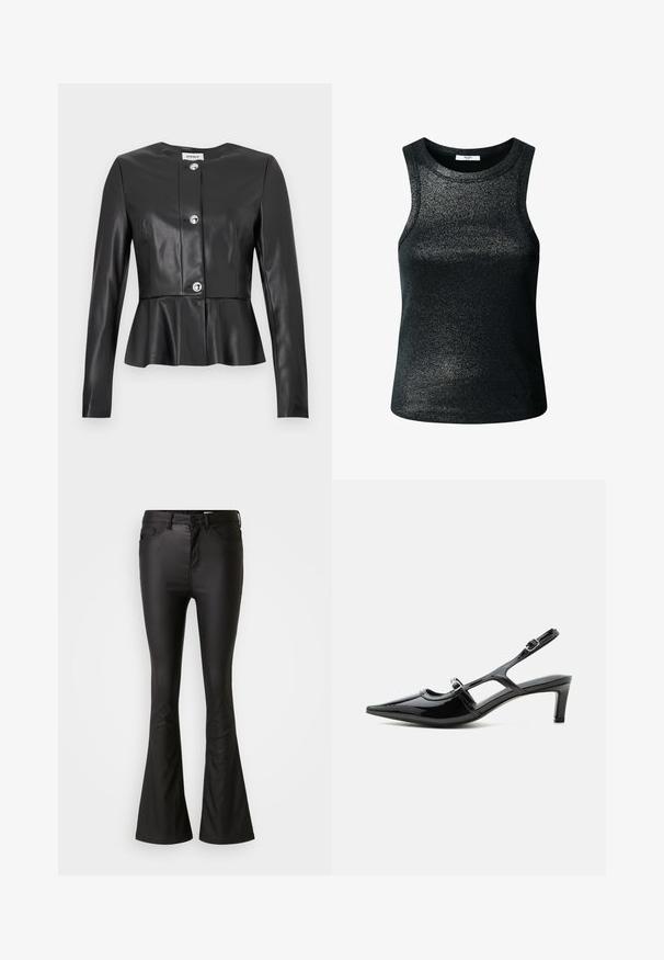 Zwarte leren jas met lange mouwen, ronde hals, peplum taille en glanzende zilveren knopen. Gladde textuur met minimalistisch ontwerp.; Zwarte, mouwloze top gemaakt van een glanzende, gestructureerde stof. Heeft een ronde halslijn en een aansluitende pasvorm, geschikt voor casual dragen of combineren met andere kledingstukken.; Zwarte flared jeans gemaakt van een glanzende, soepele stof. Heeft een hoge taille, voorzakken en een rits met een knoopsluiting.; Zwarte lakleren slingback schoen met een spits toelopende neus, lage hak en twee verstelbare gespen, zijaanzicht.