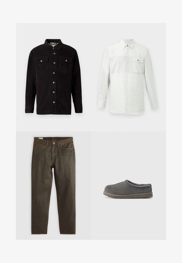 Veste chemise en velours côtelé noir avec une fermeture à boutons, deux poches poitrine et des accents en métal. Elle présente un col classique et des manches longues.; Chemise blanche à manches longues avec des rayures verticales subtiles et une seule poche poitrine boutonnée sur le côté gauche.; Jean en denim vert foncé à coupe droite, avec des coutures en cuivre, un design classique à cinq poches et une fermeture à boutons.; Chausson gris en daim à enfiler avec un col tricoté à motifs, un intérieur rembourré et une semelle en caoutchouc durable. Présente le logo de la marque sur le côté.