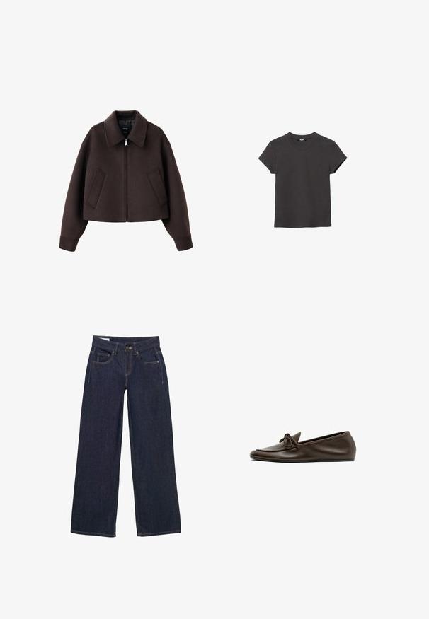 Mørkebrun cropped jakke med krave, lynlås foran og to skrå forlommer, vist på en hvid baggrund.; Kulsort, kortærmet, rundhalset bomulds-T-shirt med lige kant, lagt fladt på en hvid baggrund.; Mørkeblå vidde jeans lavet af denim med knap- og lynlåslukning, fem lommer og gule syninger som accents.; Mørkebrune læder flade loafers med en rundet tå og dekorativ sløjfe på overdelen, vist fra siden på hvid baggrund.