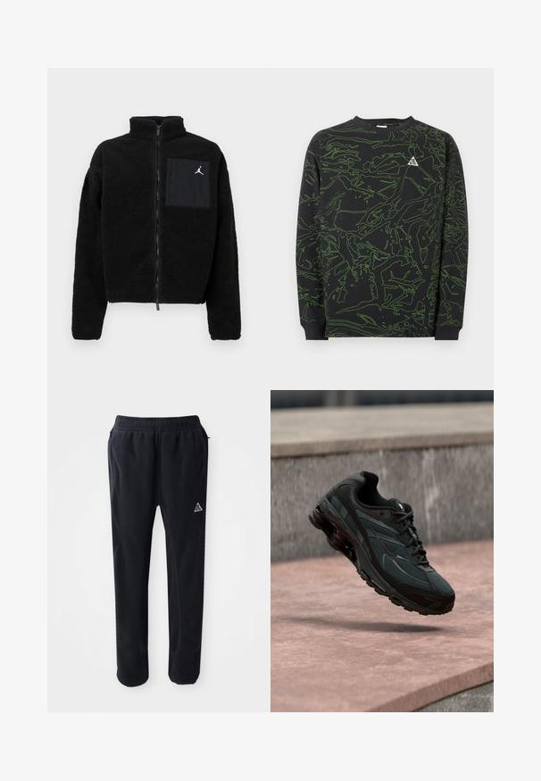 Zwarte fleece jack met een hoge kraag, volledige rits en een voorkant zak. Beschikt over een wit Jordan-logo op de zak. Zacht, gestructureerde stof.; Zwarte sweatshirt met lange mouwen, voorzien van groene abstracte lijnpatronen en een klein wit ACG-logo op de linkerborst.; Zwarte sportbroek van een zachte, gestructureerde stof, met een elastische tailleband, zijzakken en een driehoekig logo accent op de dij.; Zwarte atletische sneaker met zichtbare luchtgeveerde tussenzool die boven een roze stenen oppervlak zweeft met een grijze stenen muur op de achtergrond.
