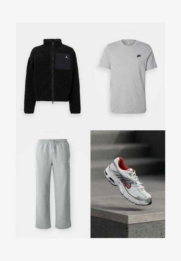 Sort fleecejakke med høj krave, fuld lynlås og frontlomme. Har et hvidt Jordan-logo på lommen. Blødt, tekstureret stof.; Grå kortærmet T-shirt i bomuld med et sort Nike-logo på brystet og rund halsudskæring. Minimalistisk design uden mønstre.; Grå bomulds sweatpants med elastisk talje, snorelukning og lige ben. Har et lille logo på den øverste venstre side.; Hvid og sølv Nike løbesko med røde accenter, der svæver over en betonkant og viser dens side- og såldetaljer.