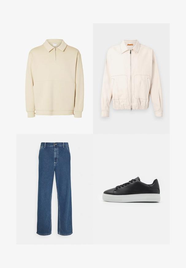 Beige tõmbluku kapuutsiga jakk, millel on krae, kaks suurt esist lõhet, elastne alumine äär ja kontrastsed pruunid õmblused.; Beige pullover särk pehmest kangast, millel on lukuga kaelus, krae ja vabalt langev lõige koos lihtsa horisontaalse õmbluse detailiga.; Sinine teksapüksid sirge lõike, viie tasku disaini, metallnõela sulgemise ja nähtava nõelumisega õmbluste ja servade ääres.; Mustad musta nahast spordijalats ümara ninaga, valge kummitald ja mustad paelad. Omadused hõlmavad sileda viimistlust ja minimalistlikku disaini.