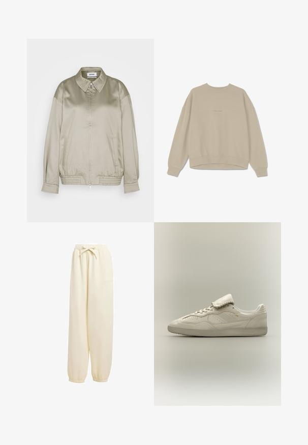Weekday KLARA JACKET - Bomberjakke - mole dusty light; Beige sweatshirt lavet af blødt bomuld, der har en rund halsudskæring, nedfaldne skuldre og ribbede mancher. På fronten er ordet "PEGAADOR" broderet.; Beige, løstsiddende sweatpants lavet af blødt materiale. Har en elastisk talje med snoretræk og elastiske manchetter ved anklerne.; Hvid lavtop sneaker med tekstureret sål, snørebånd foran, polstret tunge og subtilt gyldent mærke på siden, vist på neutral baggrund.
