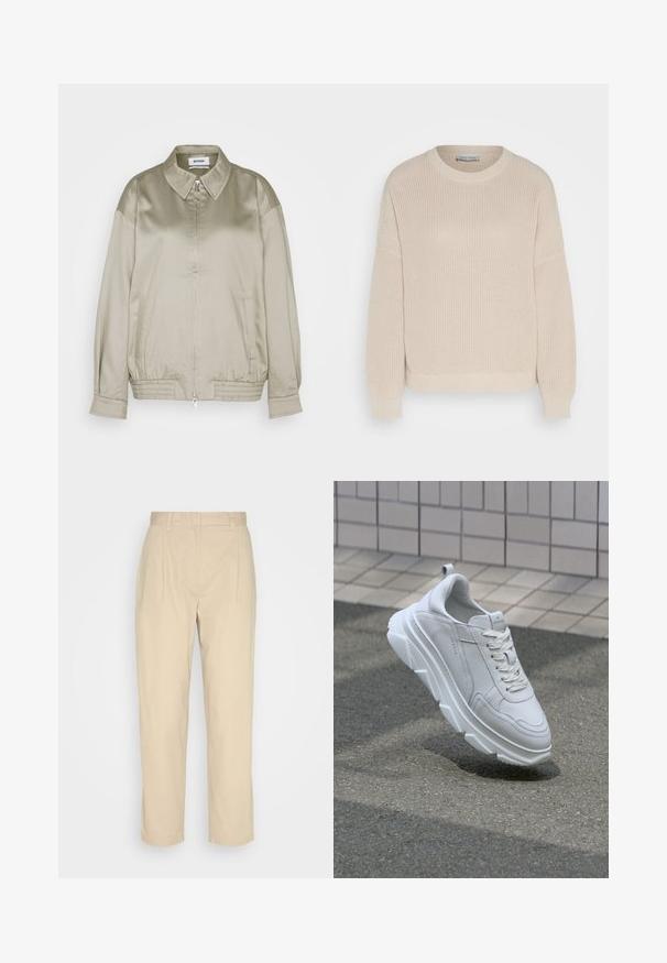 Weekday KLARA JACKET - Μπουφάν τύπου bomber - mole dusty light; Anna Field by Zalando Πουλόβερ - grey; Monki Chinos - beige; Λευκό δερμάτινο αθλητικό παπούτσι με παχιά, υφασματική ελαστική σόλα, διαθέτοντας σύστημα κορδονιών και λεπτομέρειες ραφής. Στρογγυλή μύτη και σχεδίαση υποστήριξης αστραγάλου.
