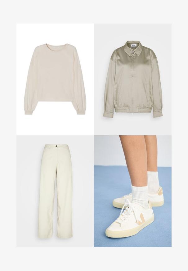 Weekday KLARA JACKET - Bombera - mole dusty light; Svetlofialový krátky sveter z jemnej látky s okrúhlym výstrihom a dlhými nadýchanými rukávmi s elastickými manžetami. Bez vzorov alebo ozdôb.; Weekday ELIO - Nohavice - beige dusty light; Biele tenisky s hnedými akcentmi, okrúhla špička a biele šnúrky. Nosia sa s rebrovanými bielymi ponožkami, na svetlomodrom pozadí.