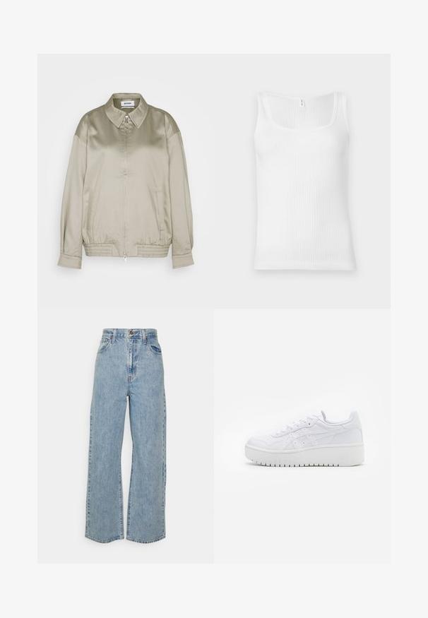 Weekday KLARA JACKET - Blouson Bomber - mole dusty light; Débardeur blanc à côtes avec un décolleté rectangulaire et des bretelles larges. Le tissu présente une apparence texturée et extensible.; Jean en denim bleu clair à taille haute, à jambes larges, avec fermeture à bouton et zip à l'avant, et design à cinq poches sur fond uni.; Baskets plateformes blanches avec une texture en cuir lisse, des détails perforés et des lacets plats ; dotées d'une épaisse semelle en caoutchouc blanc.