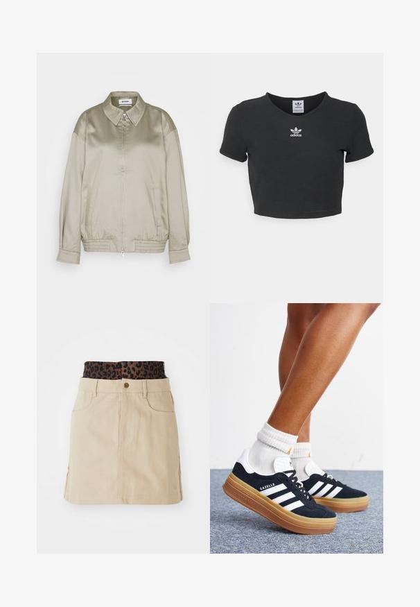 Weekday KLARA JACKET - Bomberjakke - mole dusty light; Sort cropped t-shirt lavet af bomuld, med rund halsudskæring og korte ærmer. I midten har den hvid Adidas logo broderi.; Tan denim nederdel med en brun leopardmønstret elastisk talje, forlommer og en lige pasform, der har synlige syninger.; Ben iført hvide sokker og sorte Adidas Gazelle sneakers med hvide striber og tykke brune såler på et gråt tæppe.