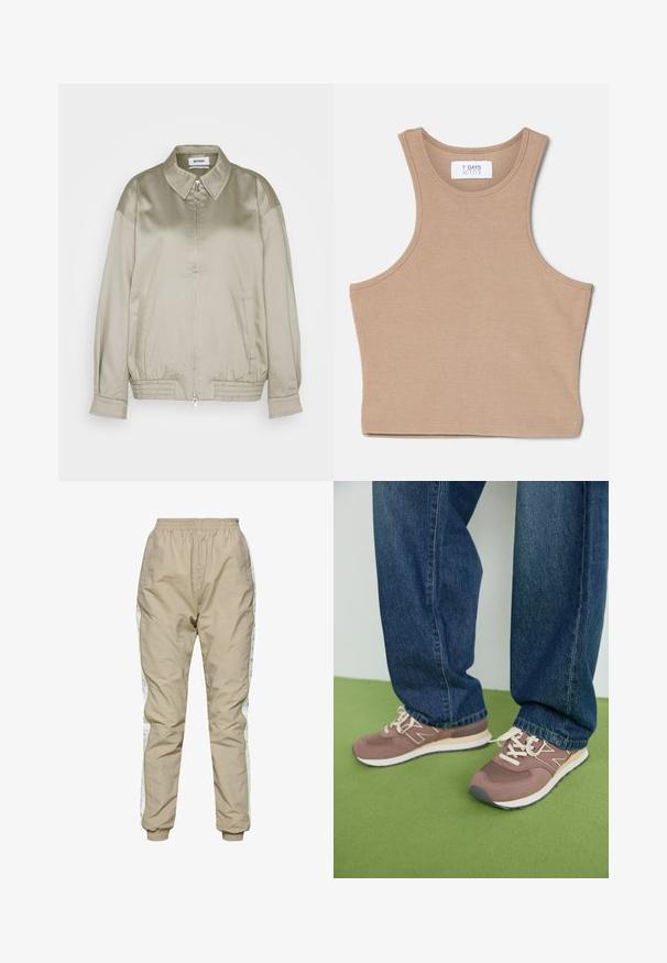 Weekday KLARA JACKET - Blouson Bomber - mole dusty light; 7 DAYS Active CROPPED - Débardeur - mountain trail; Pantalons de survêtement légers beiges avec taille élastique, panneaux latéraux blancs et piping vert fluo ; poignets élastiques aux chevilles.; Baskets marron et mauve avec des lacets blancs et une semelle beige. Portées avec un jean en denim bleu, sur un fond vert.