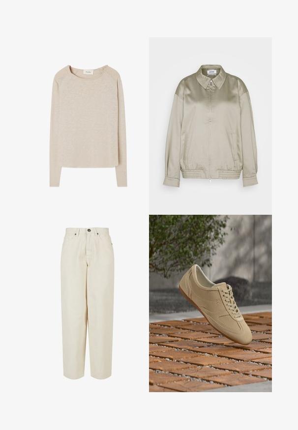 Weekday KLARA JACKET - Bomber-jakk - mole dusty light; Beez pikaaheline topp pehme, tekstureeritud kangaga. Omab ümmargust kaelust ja raglaansleeve. Kumer hem ja mugav lõige.; Bežid corduroy laiad püksid kõrge vöökohaga, viie tasku ja esise nupuga. Tekstuuriga kangas vertikaalsete soontega.; Beežid seemisnahast tossud paeladega, mis hõljuvad üle puidust plaatidega põranda, taustal rohelus ja hall sein.