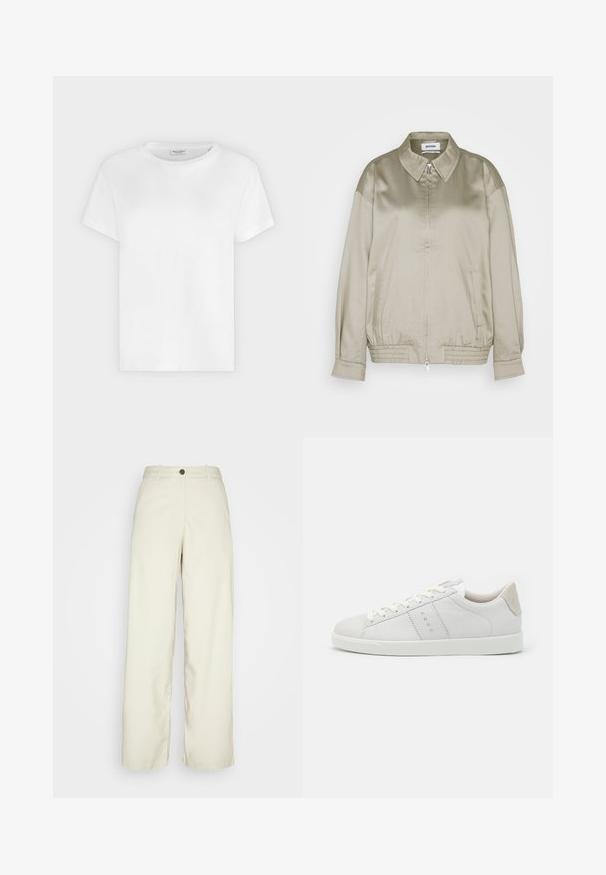Weekday KLARA JACKET - Μπουφάν τύπου bomber - mole dusty light; Λευκό κοντομάνικο T-shirt με στρογγυλή λαιμόκοψη και ορατή ετικέτα Marc O’Polo μέσα στον γιακά, σε μονόχρωμο φόντο.; Weekday ELIO - Παντελόνι - beige dusty light; Λευκό δερμάτινο sneaker με ομαλή επιφάνεια, διαθέτει στρογγυλή μύτη, ίσιες κορδόνια και μπεζ δερμάτινο τακούνι. Υφή στο εσωτερικό και ελάχιστος σχεδιασμός.