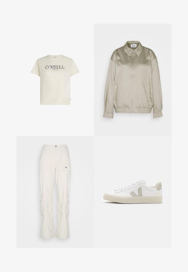 Weekday KLARA JACKET - Μπουφάν τύπου bomber - mole dusty light; Κοντομάνικη μπλούζα σε κρεμ χρώμα με το κείμενο "O'NEILL SINCE 1952" τυπωμένο με μαύρα γράμματα στο στήθος.; Cotton On HAYDEN PANT - Παντελόνι cargo - dove grey; Λευκά αθλητικά παπούτσια από δέρμα με γκρι λογότυπο V, υφασμένος καουτσούκ σόλα, λευκές χορδές, και μαξιλαρωμένο μπροστινό μέρος και κολάρο.