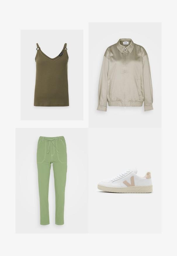 Weekday KLARA JACKET - Bombera - mole dusty light; Khaki zelené, rebrované tielko s výstrihom do V, tenkými ramienkami a malými kovovými krúžkami spájajúcimi ramienka s tielkom, zobrazené na jednoduchom pozadí.; Marks & Spencer SLIM - Nohavice - bright sage; Biele tenisky s béžovými semišovými akcentmi, okrúly špičkou a bielymi šnúrkami. Textúrovaná gumová podešva a logový detail na päte.