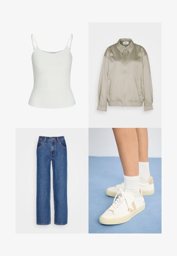 Weekday KLARA JACKET - Blouson Bomber - mole dusty light; Top sans manches blanc avec bretelles réglables, design ajusté, texture de tissu lisse et encolure ronde. Aucun motif ni détail matériel.; Levi's® 94 BAGGY SILVERTAB - Jean boyfriend - i'm never wrong stone; Baskets blanches avec des accents beige, bout rond et lacets blancs. Portées avec des chaussettes blanches côtelées, sur un fond bleu clair.