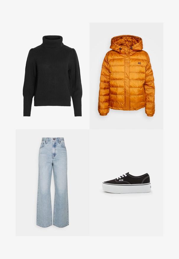 Orange pufferveste med hætte, fremstillet af skinnende, quiltet materiale. Har trykknaplukning og et lille logo på brystet.; Sort strikket sweater med en høj, ribbet halsudskæring. Har dropped shoulders og ribbede manchetter ved de lange ærmer, tekstureret stof.; Lysblå denim brede ben jeans med høj talje, klassisk fem-lomme design og kontrasterende syninger. Uslebne kanter i bunden.; Sort lærred sneakers med en hvid gummi platform sål, der har hvide snørebånd og syninger, ikonisk branding på siden, lav-top design.